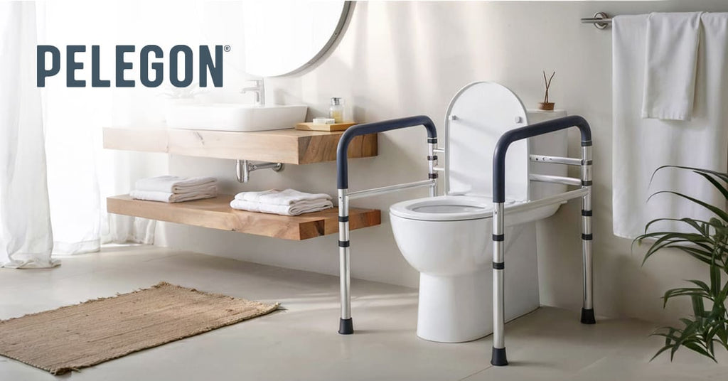 Adjustable toilet safety rail installed around a standard toilet for added balance and support.