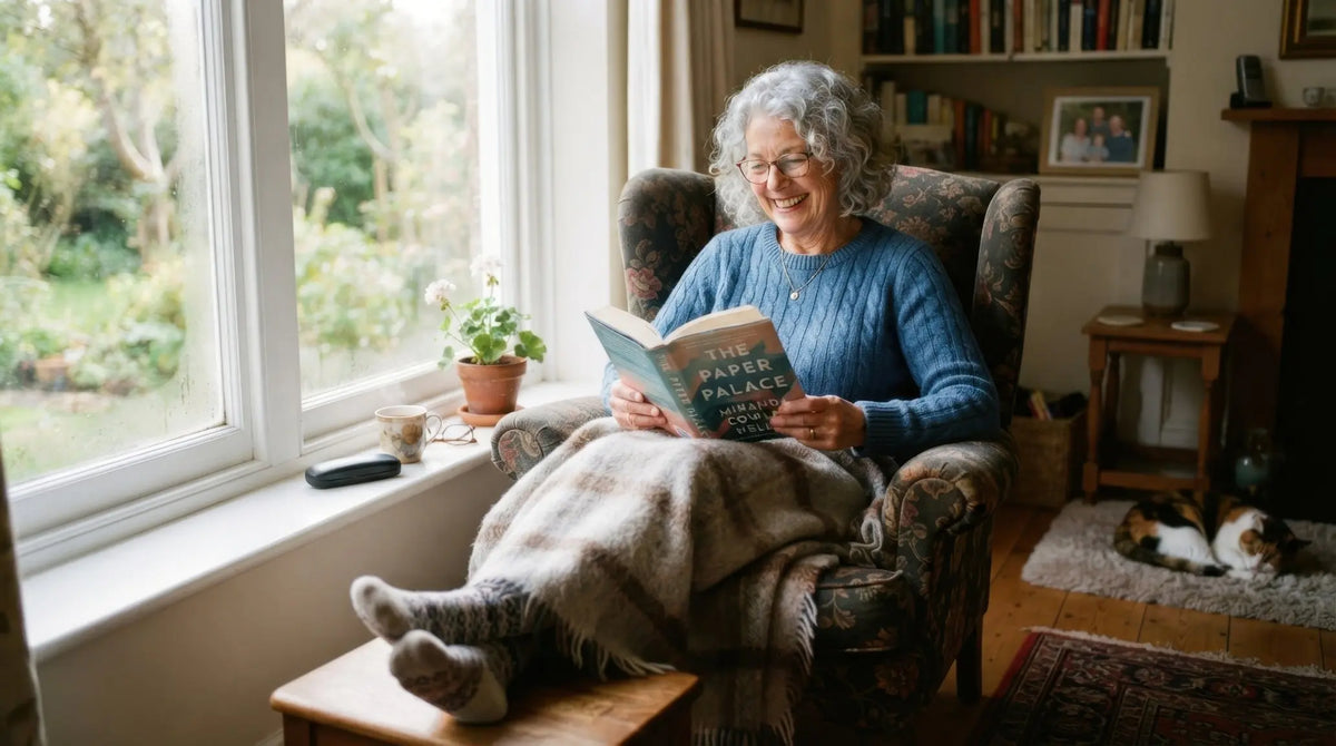 Older woman reading in an armchair by a window, with a blanket over her legs and her feet resting on a footstool.