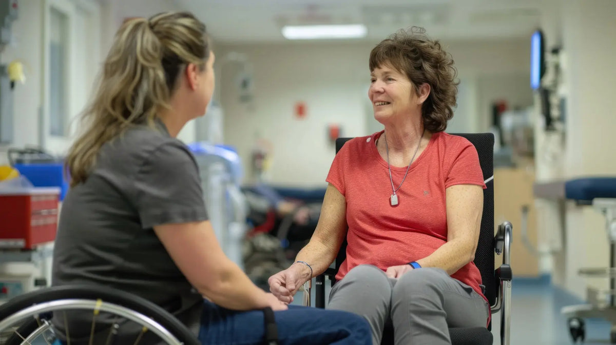 Speech-language pathologist working with a stroke survivor on communication skills in a rehabilitation hospital.