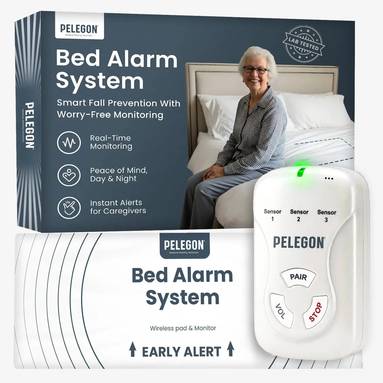 Pelegon bed alarm with a pressure-sensing bed pad and portable caregiver pager.