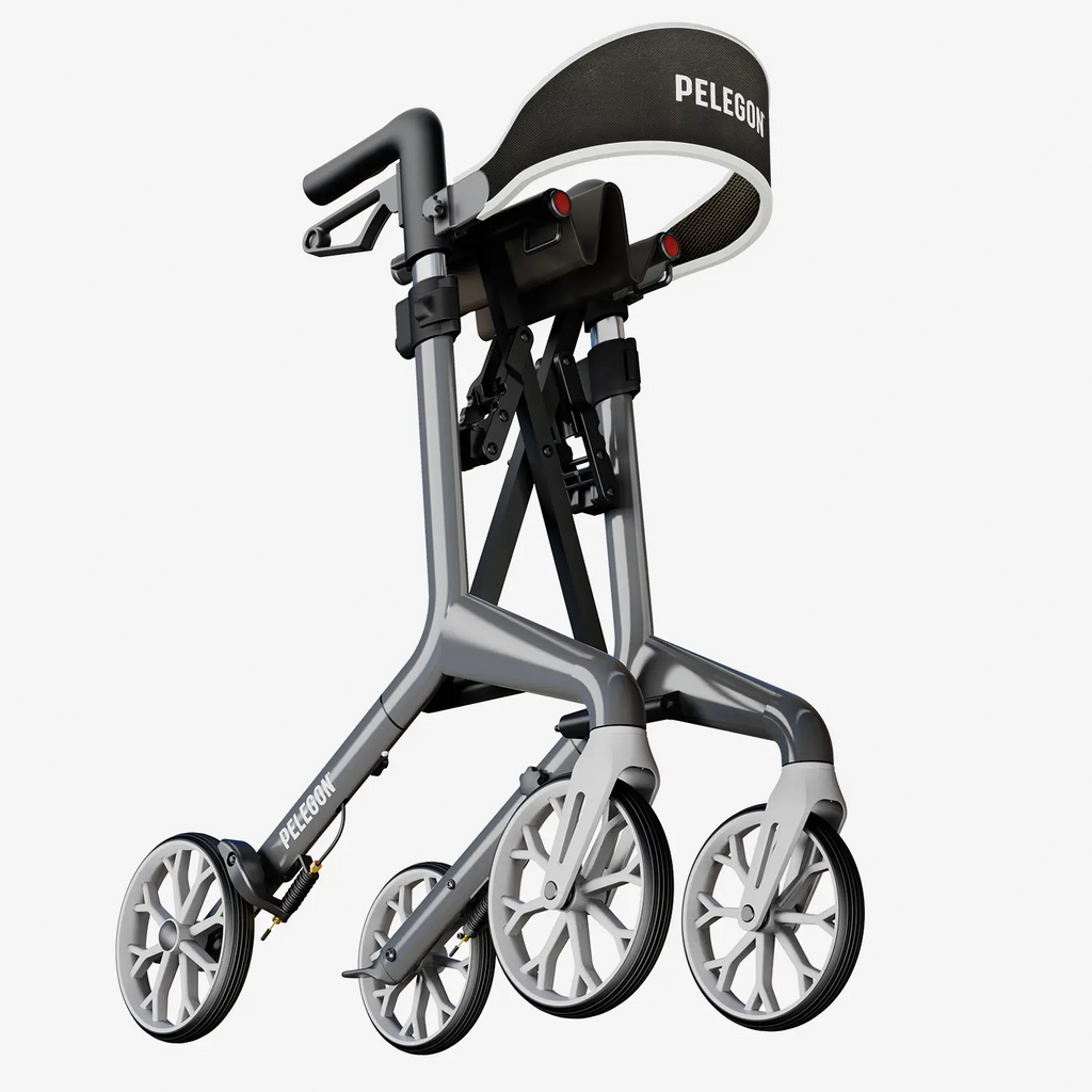 Pelegon Grey rollator with black handle and seat on a white background | Granite Grey