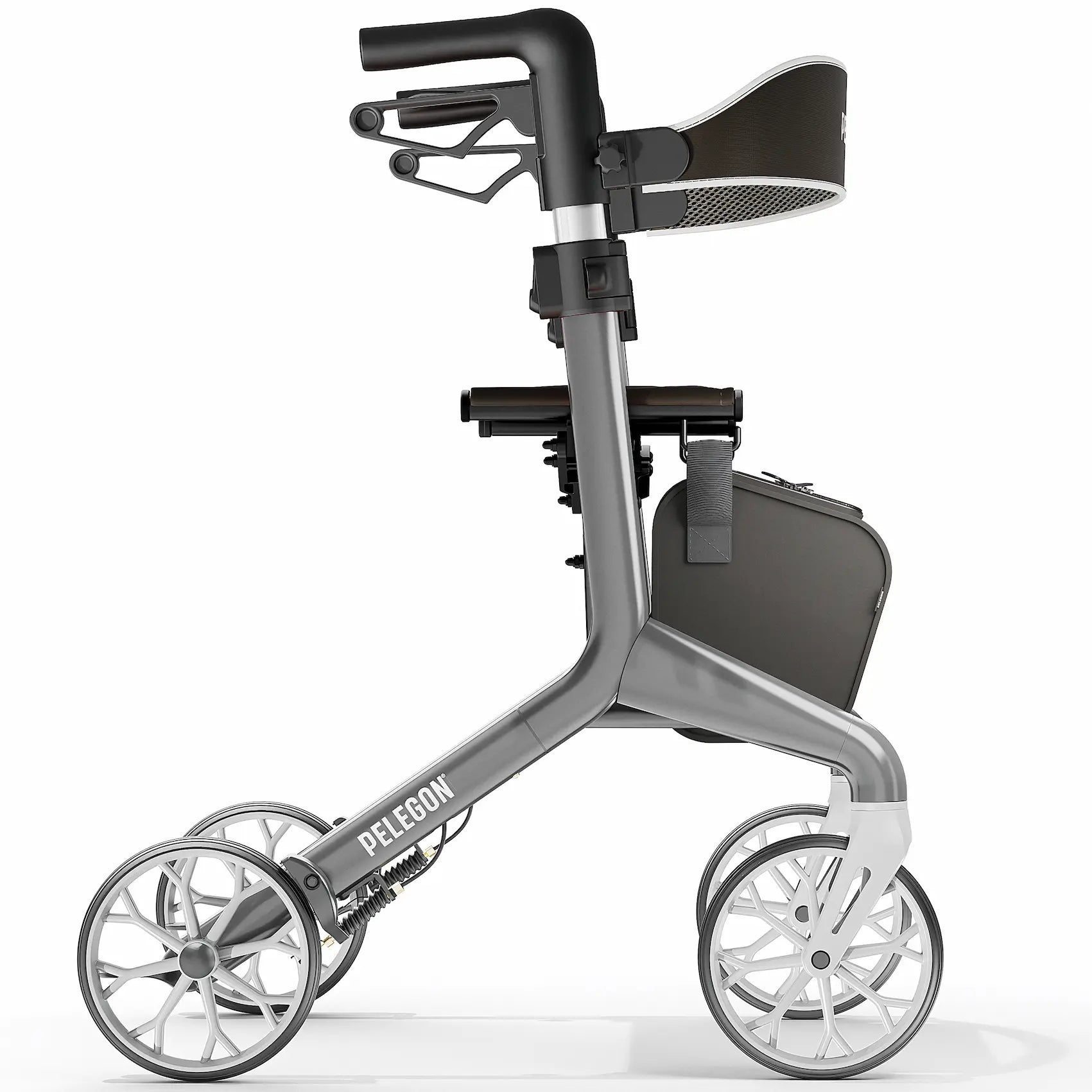 Pelegon Grey rollator with black handle and seat on a white background | Granite Grey
