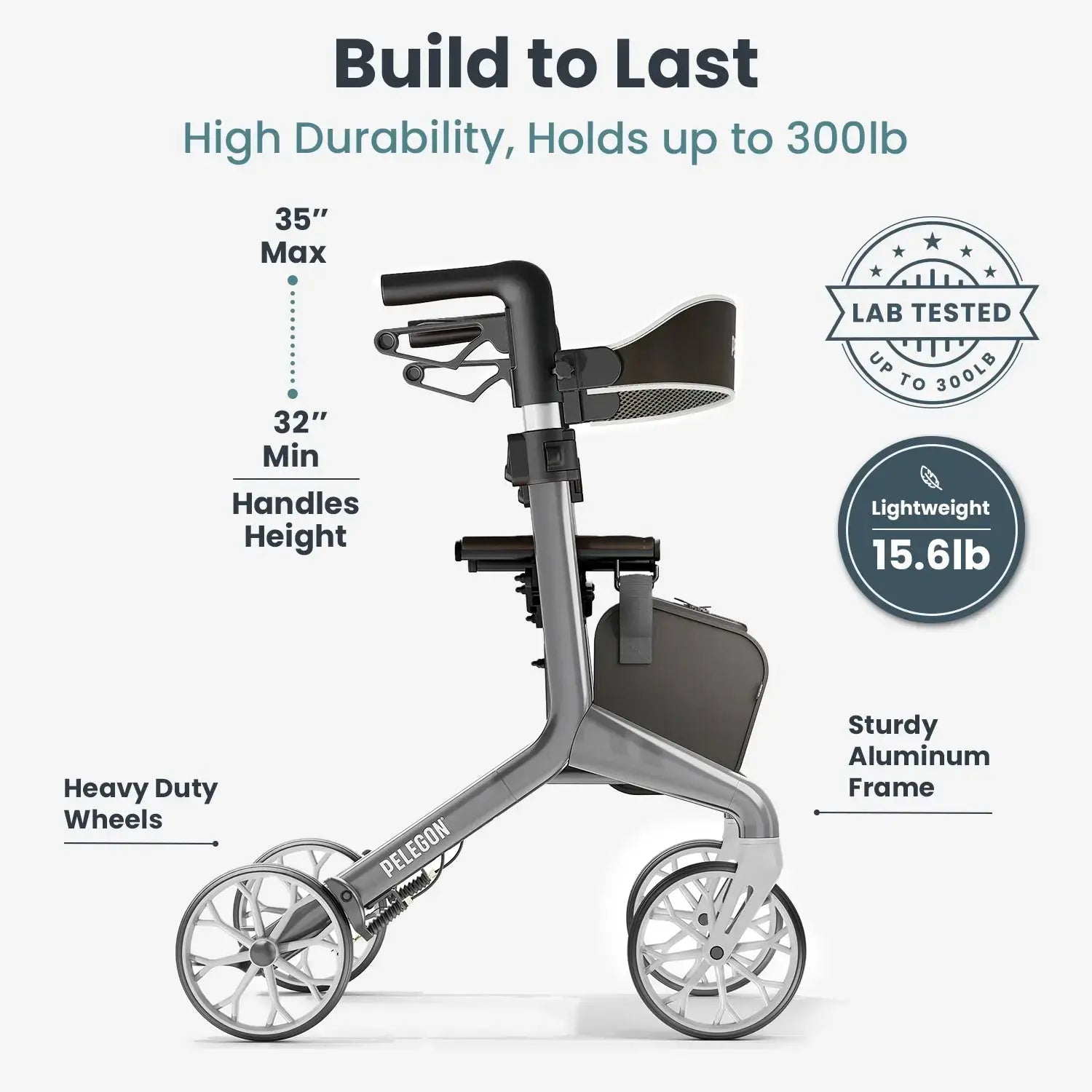 Pelegon Lightweight rollator walker with seat in Granite Grey
