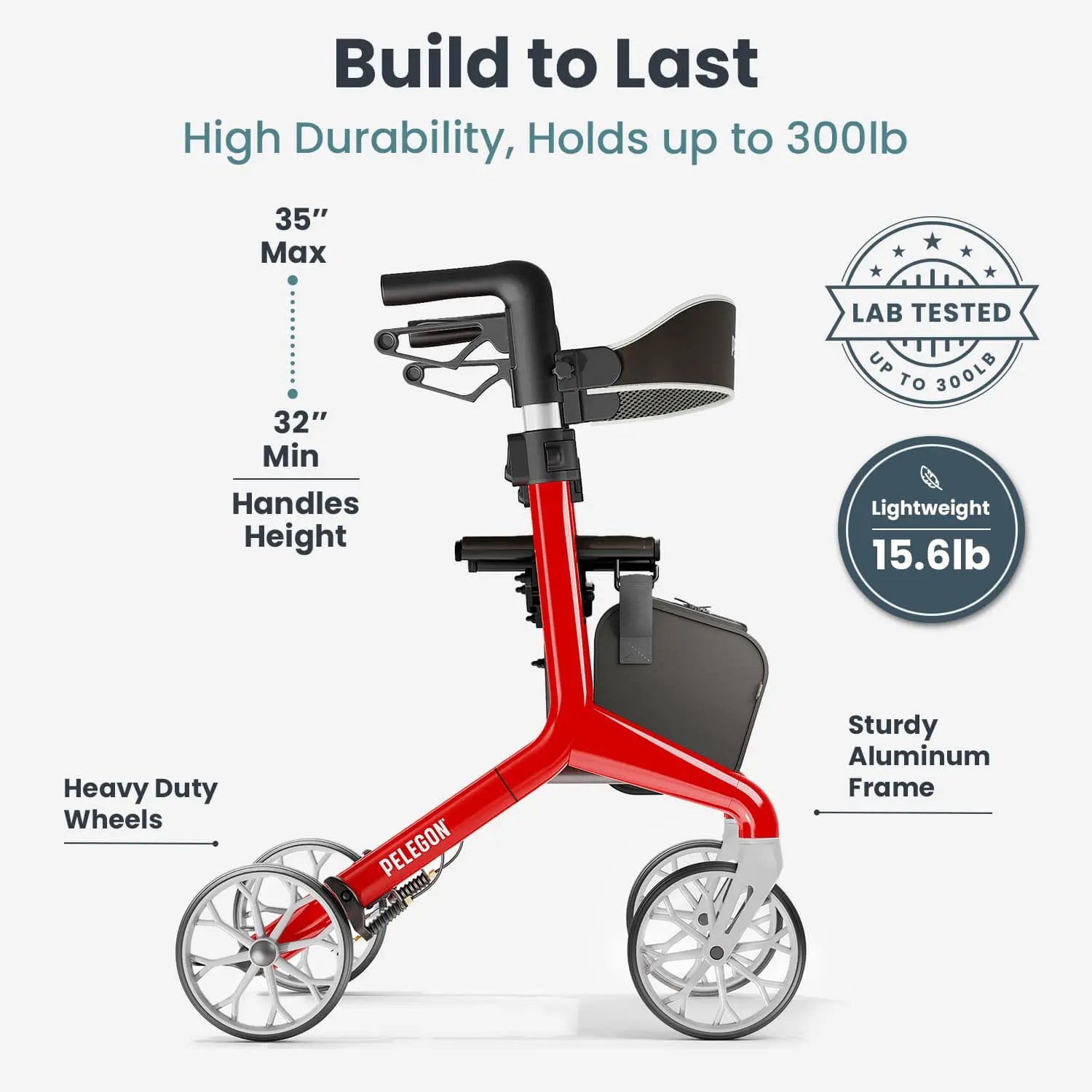 Pelegon Lightweight rollator walker with seat in Strawberry Red