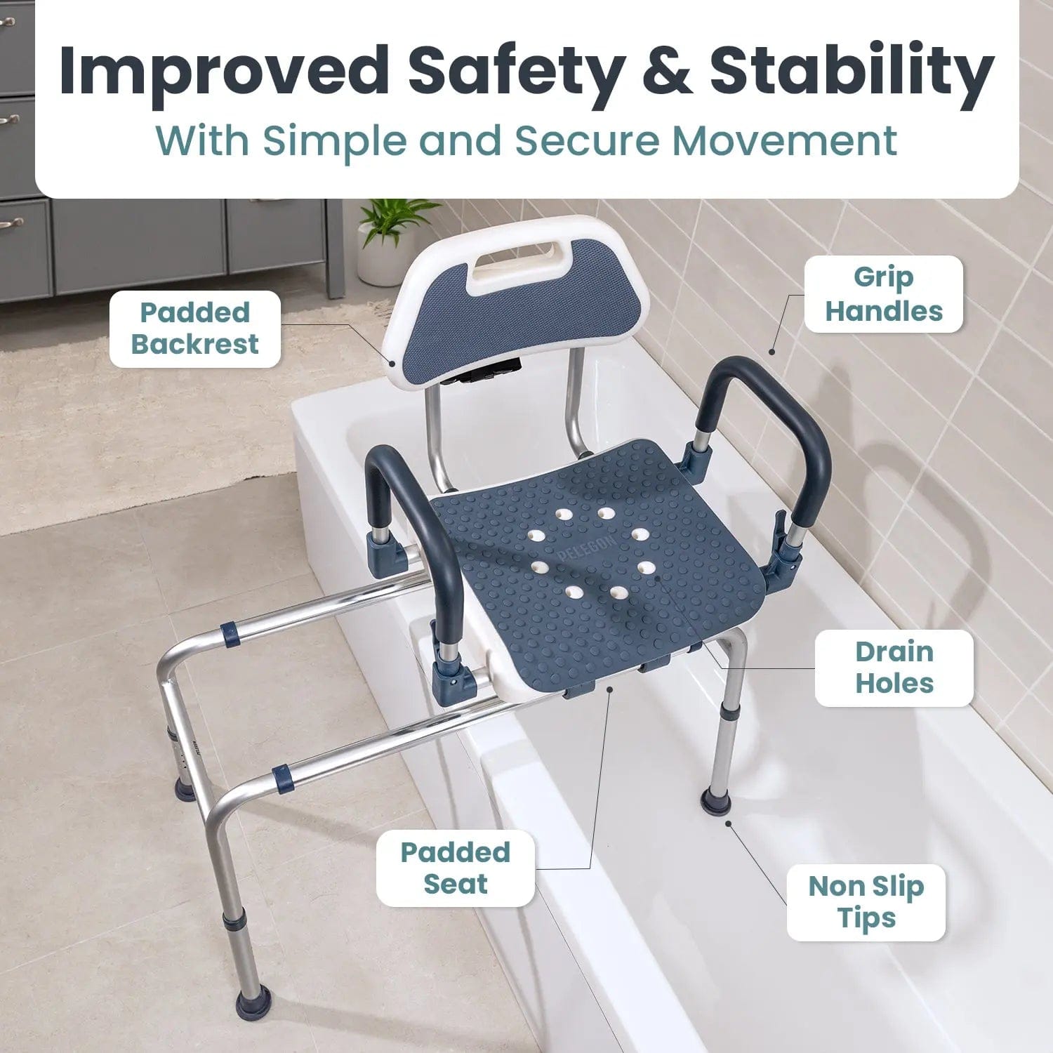 Swivel Shower Chair Transfer Bench | Pelegon  | Dark Blue