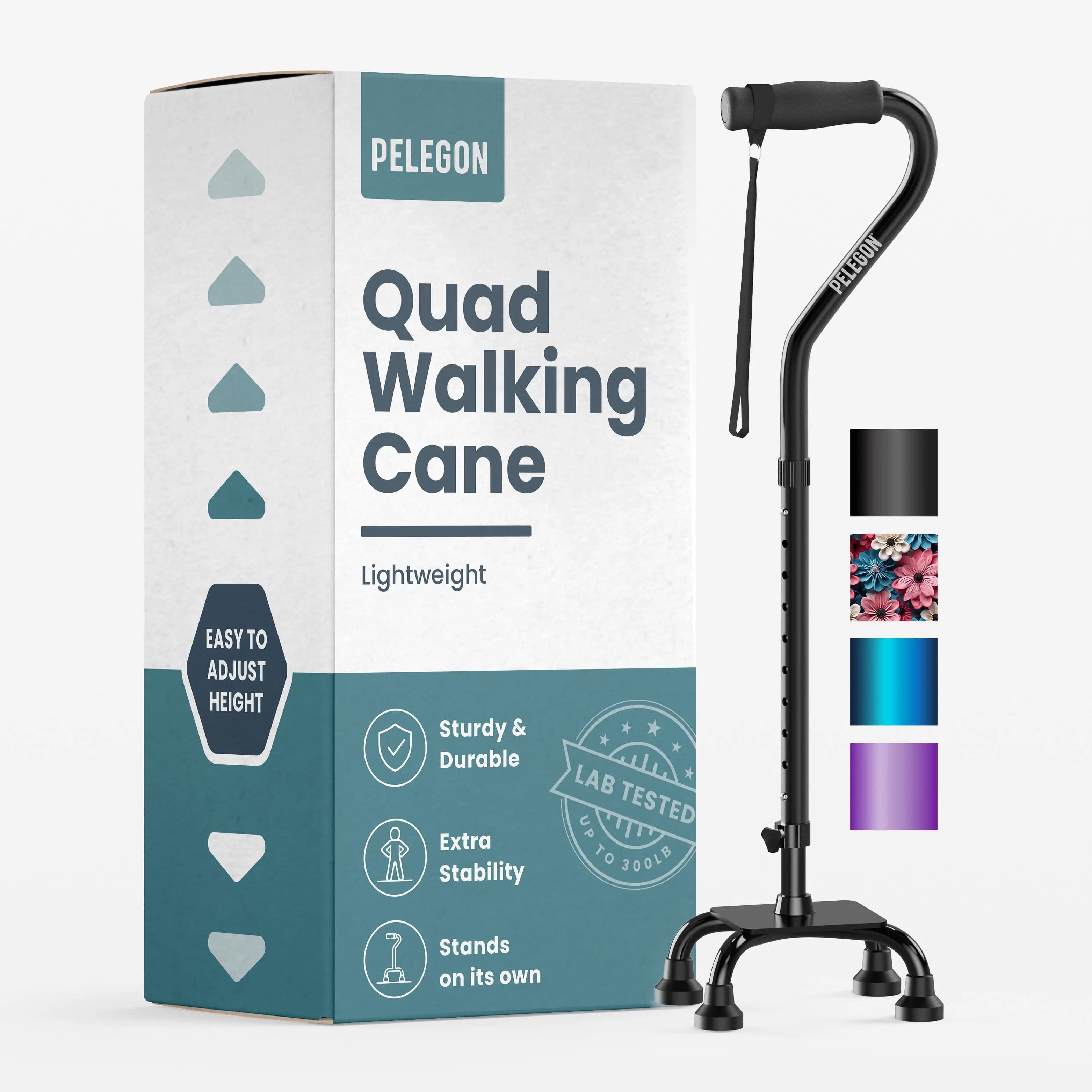 Pelegon adjustable black quad cane with four-prong base