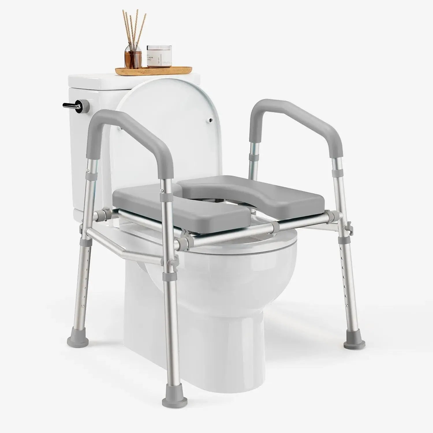 Pelegon adjustable raised toilet seat with padded handles and freestanding support frame