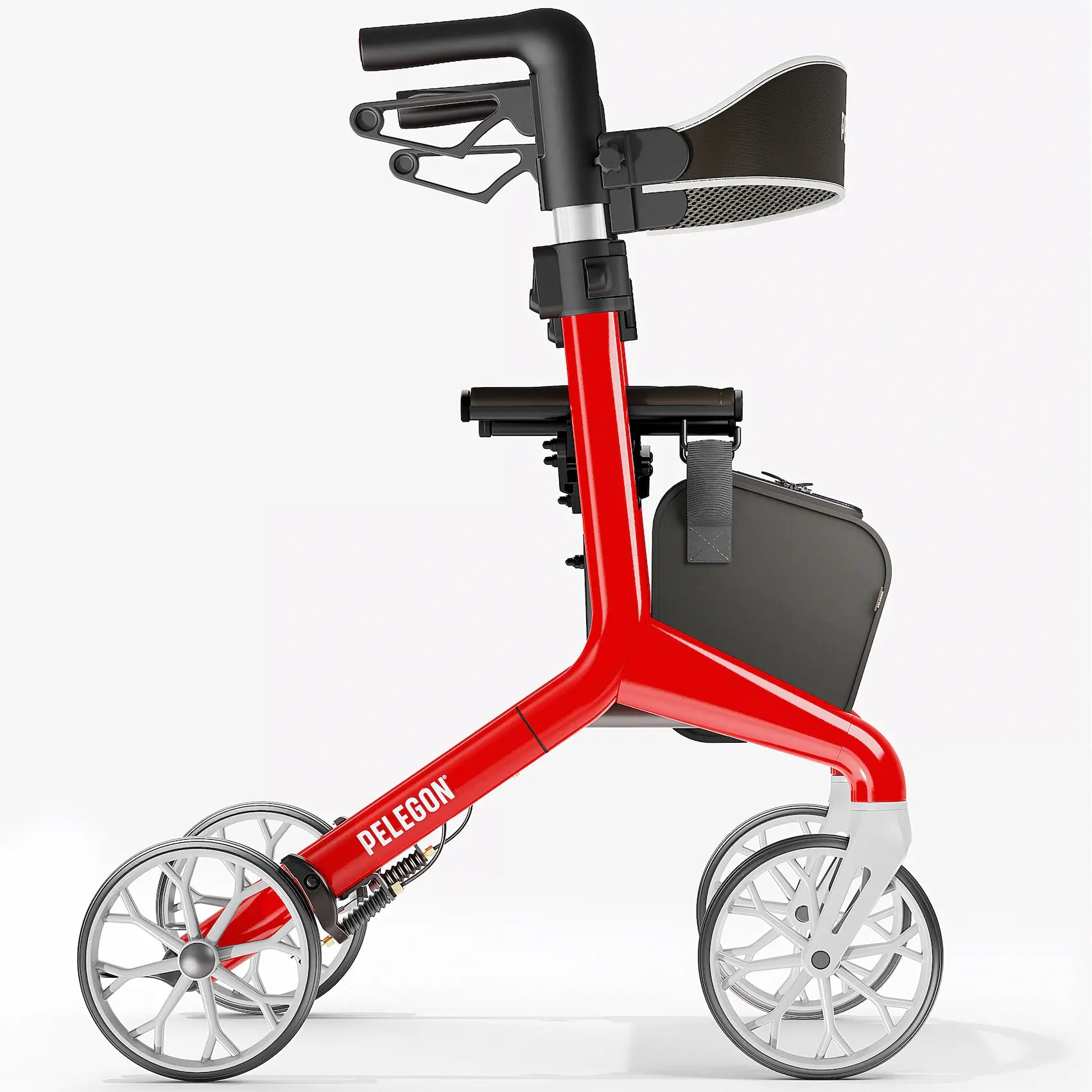 Red rollator with black handlebar and gray seat on a white background