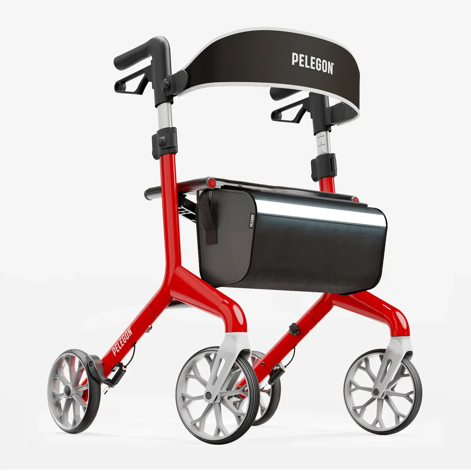 Pelegon rollator walker with a padded seat, backrest, four wheels, and storage bag.
