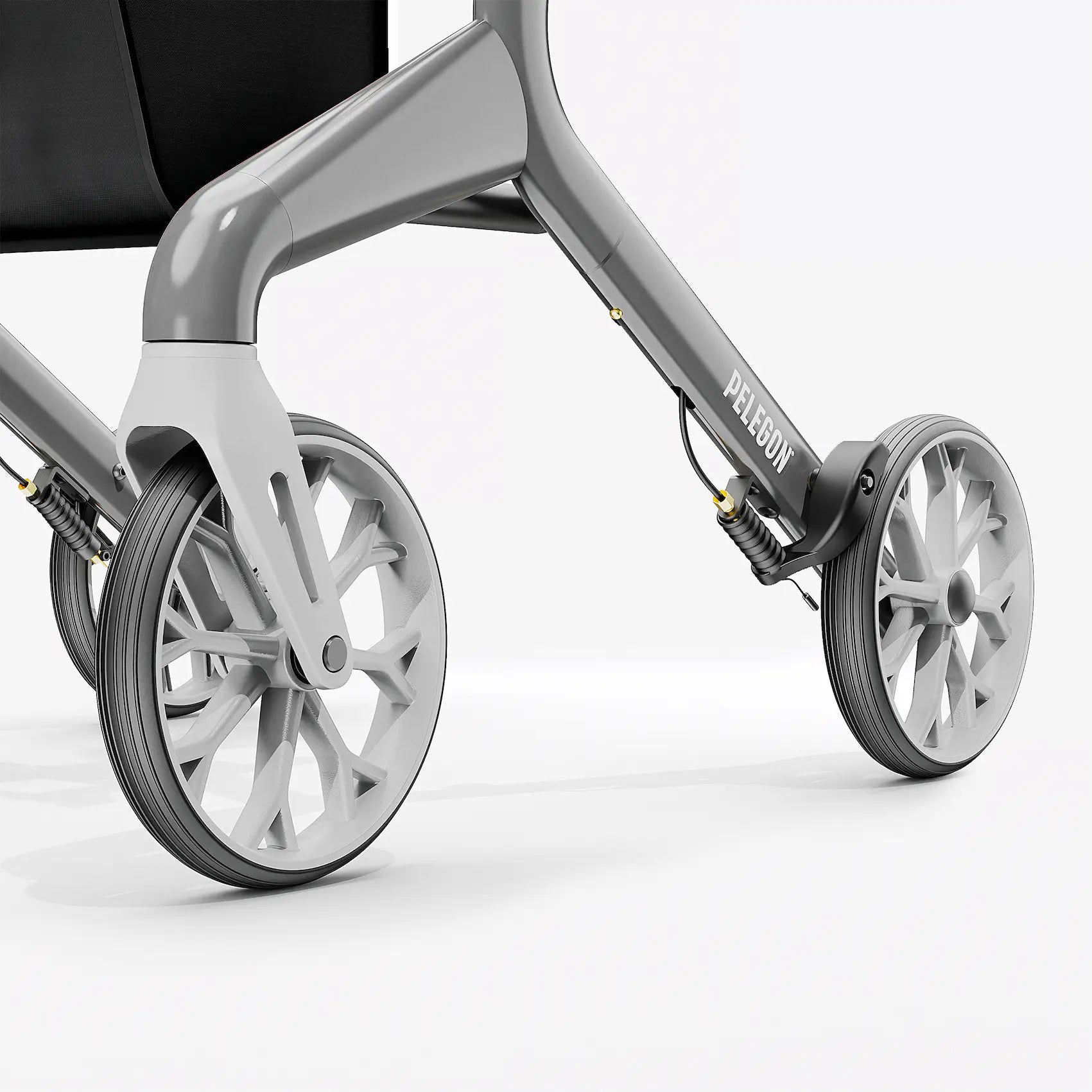 Pelegon Grey rollator with black handle and seat on a white background | Granite Grey